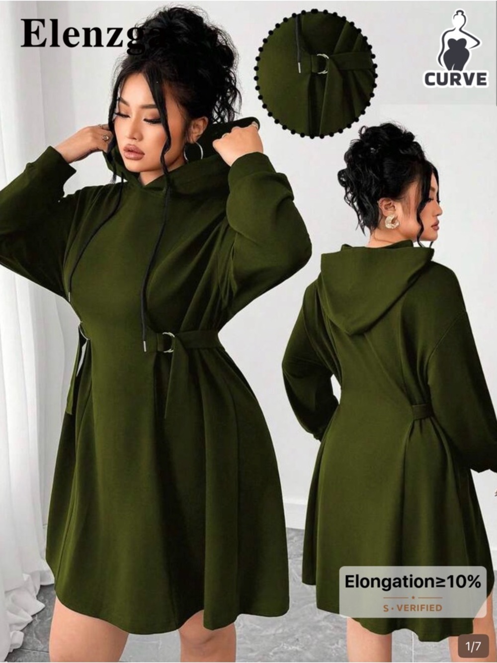 Elenzg Olive Green Hooded Belted Curve Dress